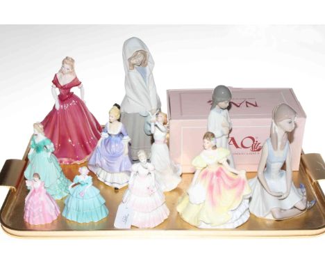 Two Nao figures, five Coalport, Royal Doulton and other figures.