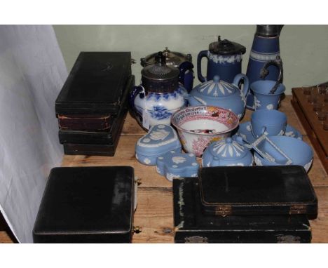 Assortment of Wedgwood, Royal Doulton self-pouring teapot, cased EPNS cutlery sets etc.