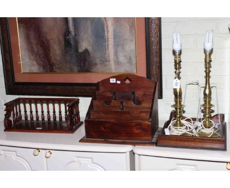 Pair of brass table lamps, stationery box, tray and wall bracket.