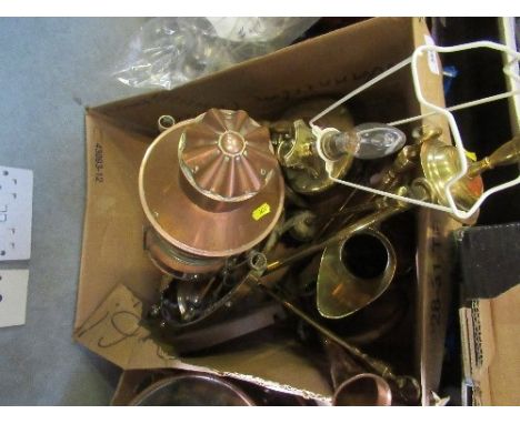 A box of metalware , lamp , companion set etc&nbsp;