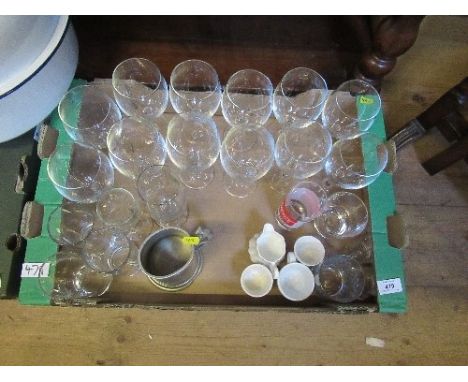 Two boxes of ornaments, glass etc, enamel item