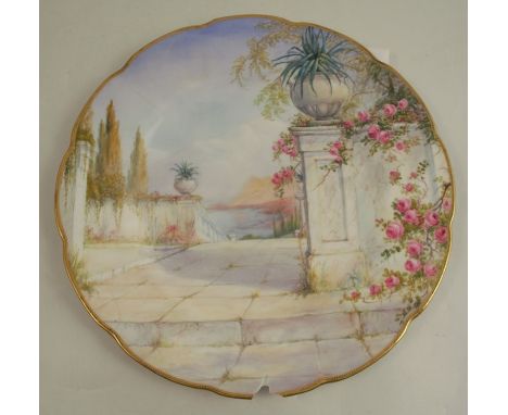 A Royal Worcester plate, decorated with an Italian Garden by Sedgley, titled verso, dated 1923, af, diameter 10.25insConditio