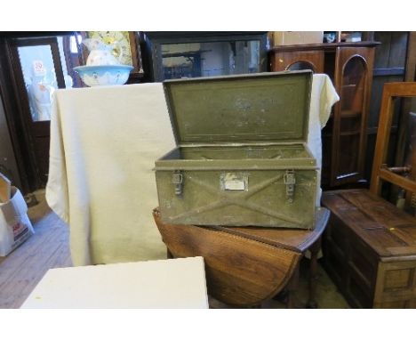 A painted white chest, width 31ins together with a gateleg table and a metal trunk