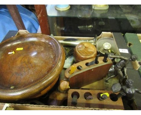 A box of sundries to include pipes, pipe rack, two classical models, dwarf silver candlestick