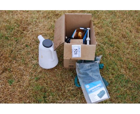 Three canvas tool bags, 12 volt flashing light, oil cans, etc.