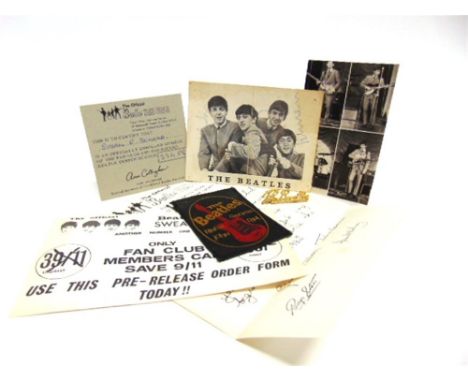 POP MEMORABILIA - THE BEATLES comprising a Beatles Fan Club portrait card, bearing hand-written signatures for all four membe