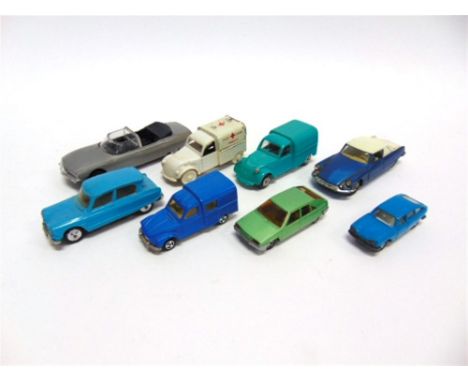 EIGHT MODEL CARS comprising a Corgi No.259, Citroen Le Dandy Coupe, white over metallic blue, good condition; Sesame tinplate