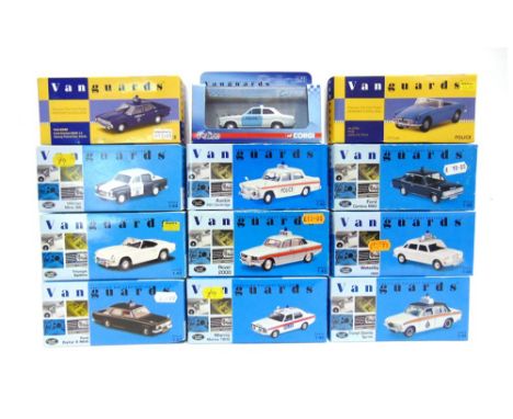 TWELVE VANGUARDS 1/43 SCALE MODEL POLICE VEHICLES comprising a No.VA10706, MGB 'Leeds City'; No.VA06708, Triumph Spitfire 'Ch