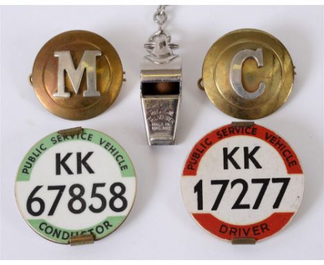 TWO READING CORPORATION TRAMWAYS BRASS GRADE BADGES circa 1910, the first with nickel letter 'M' for Motorman, and the second