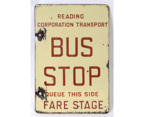 A READING CORPORATION TRANSPORT DOUBLE-SIDED ENAMEL BUS STOP SIGN with crimson lettering against a cream ground, 42.5cm x 28.