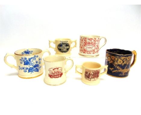 SIX TAUNTON CIDER MUGS comprising a single-handled mug, 1986, limited edition of 160, of waisted fluted form, with transfer p