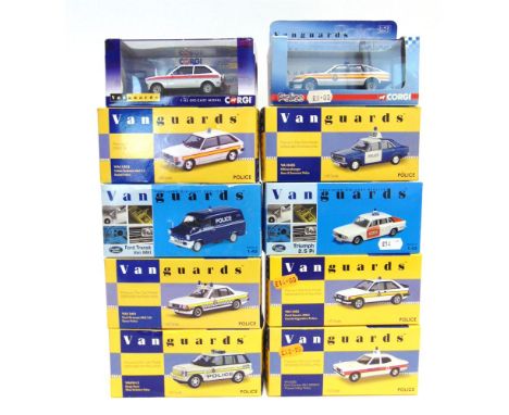 TEN VANGUARDS 1/43 SCALE MODEL POLICE VEHICLES comprising a No.VA10405, Hillmam Avenger 'Avon & Somerset'; No.VA10305, Ford C