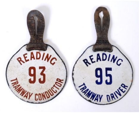 TWO READING CORPORATION TRAMWAYS ENAMEL LICENCES circa 1915, the first with blue lettering against a white ground 'Reading / 