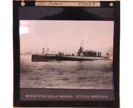 APPROXIMATELY FORTY-FOUR GLASS MAGIC LANTERN SLIDES OF ITALIAN NAVAL INTEREST all with papered edging marked 'Ministero della
