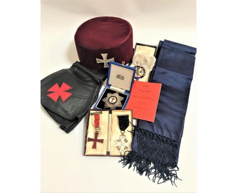 SELECTION OF KNIGHTS TEMPLAR REGALIAincluding a maroon velvet cap size 6.75, pair of black leather gauntlets, blue tasseled s