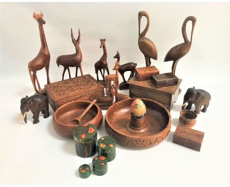 SELECTION OF WOODEN BOXES AND OTHER ITEMSincluding various carved teak animals, three small brass inlaid boxes, a musical jew