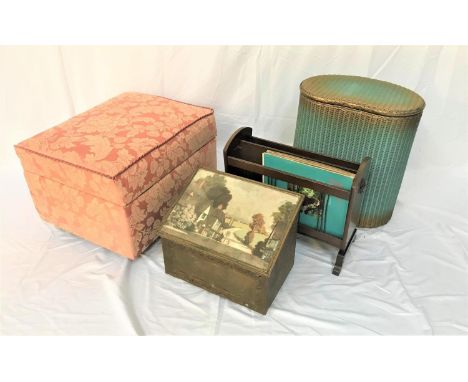 LLOYD LOOM STYLE WICKER LAUNDRY BASKETof kidney shape with a lift up lid, two division magazine rack, hammered brass coal bin