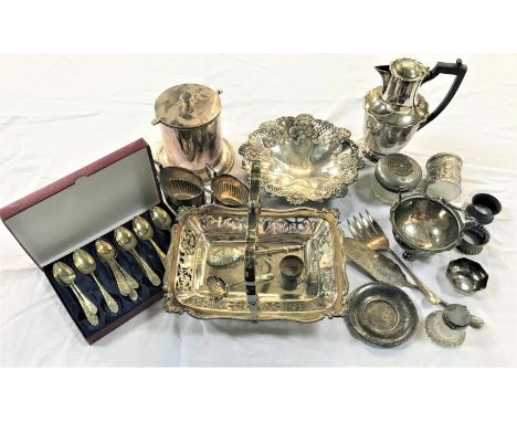 SELECTION OF PLATED WEARSincluding a bowl with pierced and floral and shell embossed rim; an Indian embossed pot with cover, 