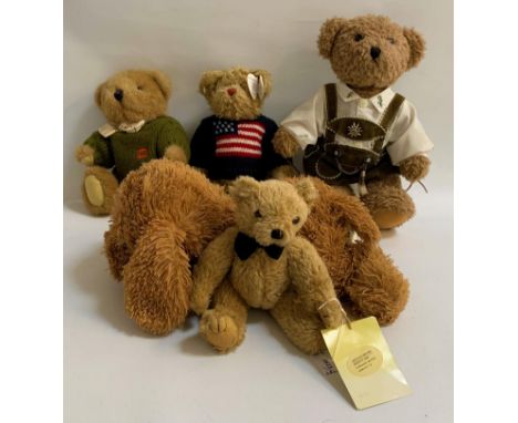 SELECTION OF FIVE TEDDY BEARScomprising a 1990 Stockholm the old English teddy bear, 21cm high; a German bear in tradition ou