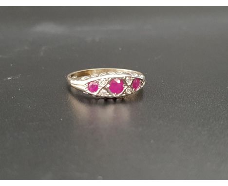 RUBY AND DIAMOND RINGthe three graduated rubies with small diamonds between, on nine carat gold shank, ring size N-O 