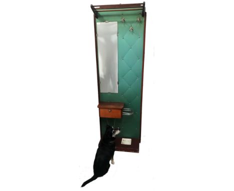 RETRO 1950s HALL STAND of narrow proportions with a slatted hat rack above a turquoise studded back with three chrome coat ho