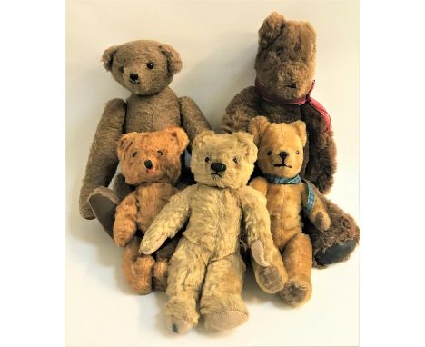 FIVE VINTAGE TEDDY BEARSof various size, all with swivel heads and jointed limbs, one Hygienic Toys by Chad Valley (5) 