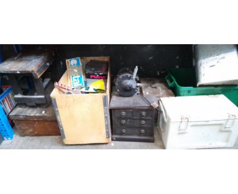 Tools to include bench grinder, oil cans, 3 metal containers, Bosch circular saw, 2 toolboxes with tools, cabinet with nails,