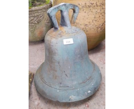 A bronze bell bearing date 1830 FBaxter. Dimensions- height 40cm and width 38cm (approx).Condition- there are some chips arou