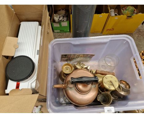 A box of assorted metalware and a projector.  