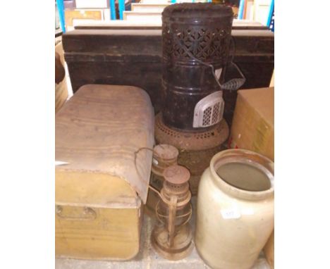 A mixed lot comprising metal tool box with tools, Valor paraffin heater, two paraffin lamps (as found) and an earthenware pot
