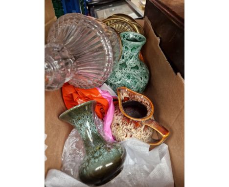 A box of ceramics including Royal Worcester blush ivory vase together with a glass table lamp.  