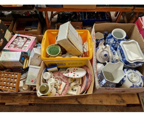 Four boxes of mainly china and pottery inlcuding blue and white, thimbles, tea set etc. etc.  