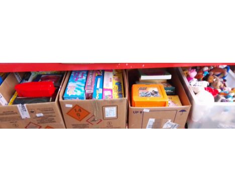 Four boxes of toys and games to include a box of McDonalds soft toys, Star Wars Monopoly, Cluedo, Marble Run, Crazy Golf, Fas