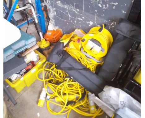 Assorted tools including transformer,leads and lights, box of tools, Makita drill, two strimmers, roof bars etc.  