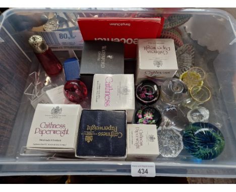 A box of mainly glass paperweights including Caithness and Waterford.  