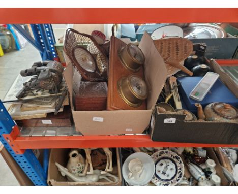 Two boxes of assorted collectables including bowls, fans, treen, clock/barometer etc. etc.  