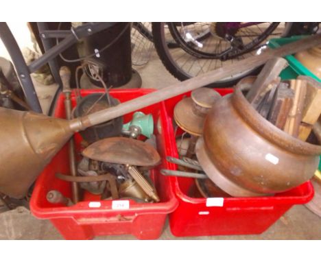 A quantity of assorted metalware including pans, vintage sprayer, posser, scales etc.  