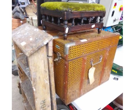 A wooden set of ladders, a small stool and a hard cased trunk.Condition:- General wear through age and use, pitting to chrome