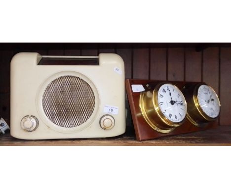 A Bush white bakelite radio together with a Westclox clock/barometer  