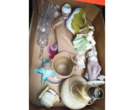 A box of ceramics including studio pottery, glassware, 2 Doulton figures, 1 Nao figure, table lamp  