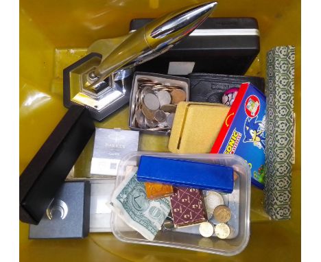 A box of collectables to include pill box, coins, rocket cigarette lighter, wallet, watches, vintage Phillishave electric raz