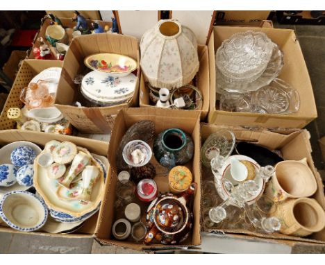 Seven boxes of assorted ceramics and glass including a bargeware teapot, blue and white, dressing table wares, lamps, storage