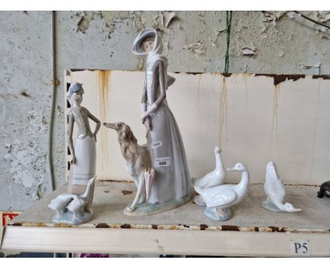 Two Lladro figures and three Nao geese  All in good condition with no evidence of chips, cracks or previous repair