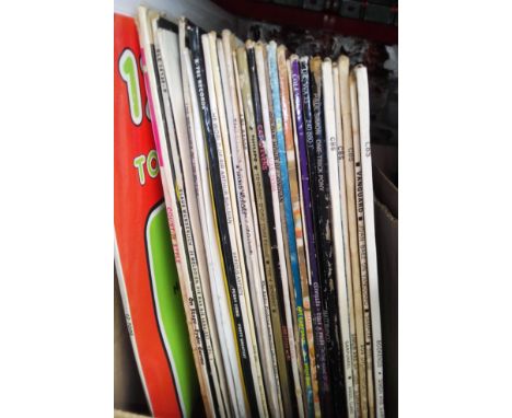 A box of vinyl LP records, rock and pop including Simon &amp; Garfunkel, Bob Dylan, etc.  