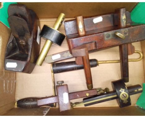 A collection of mostly 19th century woodworking hand tools including planes, spirit level, etc, seven in total (to be looked 