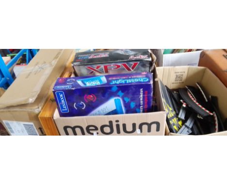 Eight boxes of misc items including a metal case with slide projector, wooden case with artists materials, box of linen, a dr