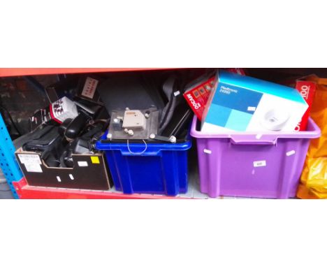 Three boxes and a bag of camera related equipment including tripod, cine projector, mobile phone, cameras etc  