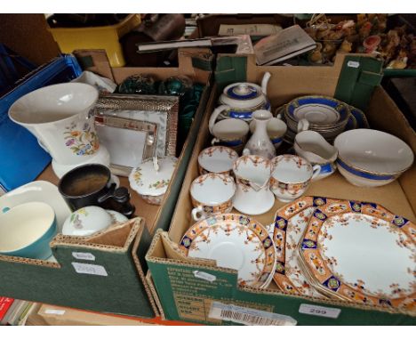 Two boxes including Aynsley, Wedgwood, Court China tea set, boxed crystal brandy glasses, Midwinter pottery, photo frames, Ro