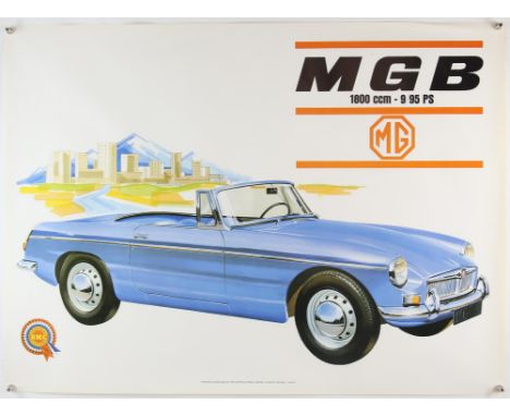 BMC MGB 1800 Car poster c 1970s, this dealership poster showing the car against an exotic location background, rolled, 25.5 x