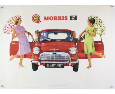 BMC Morris 850 Mini Car poster c 1960, this dealership promo showing the iconic red mini & the imagery suggesting that women 
